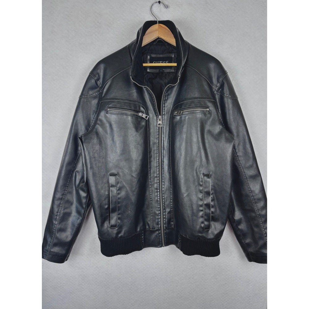 GUESS Men's L Black Faux Leather Bomber Jacket Moto Biker Quilted Lined 113AU567